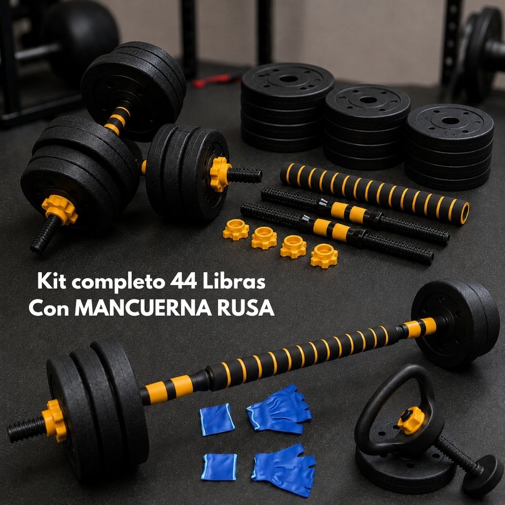 SET de Pesas Completo 44 LBS + Barra Acolchada GRATIS 🔥 KIT CON MÁS DE 20 PIEZAS