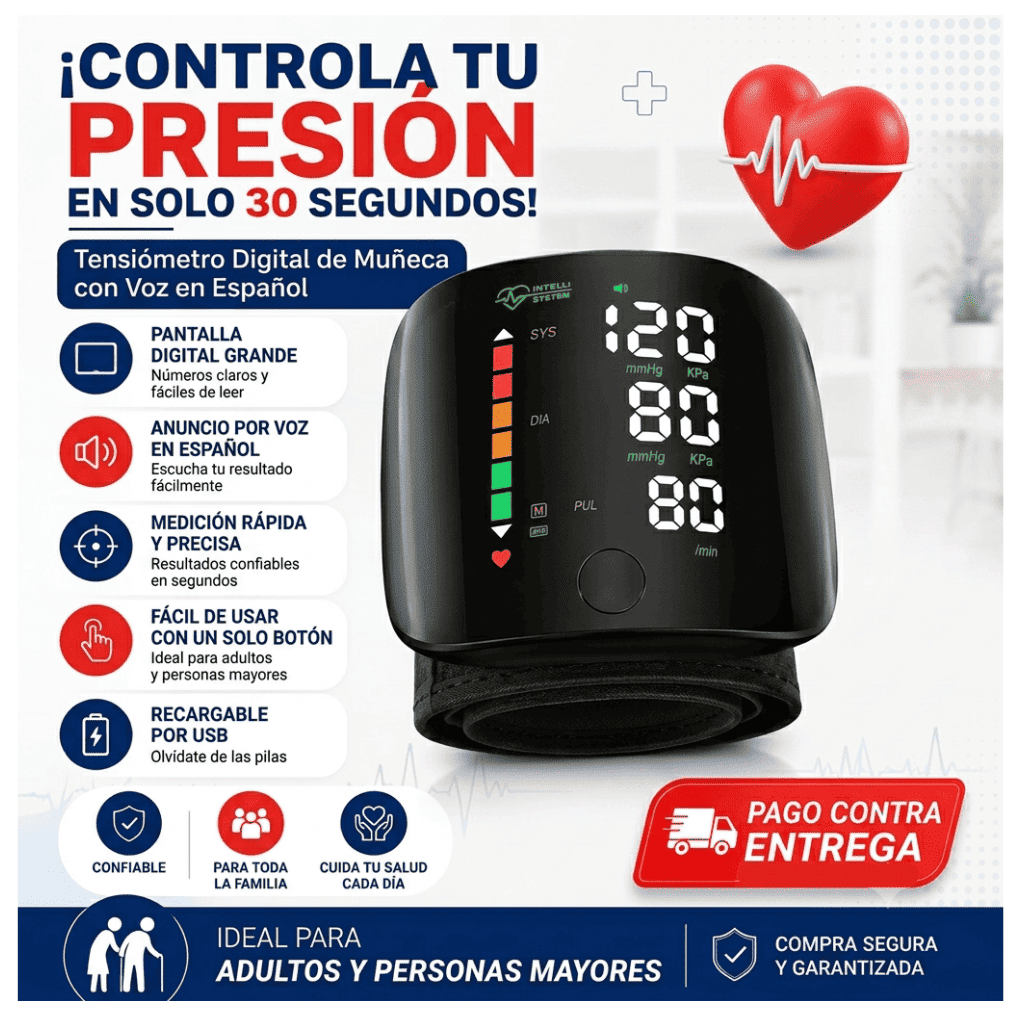 Tensiómetro Digital de Muñeca Recargable con Voz