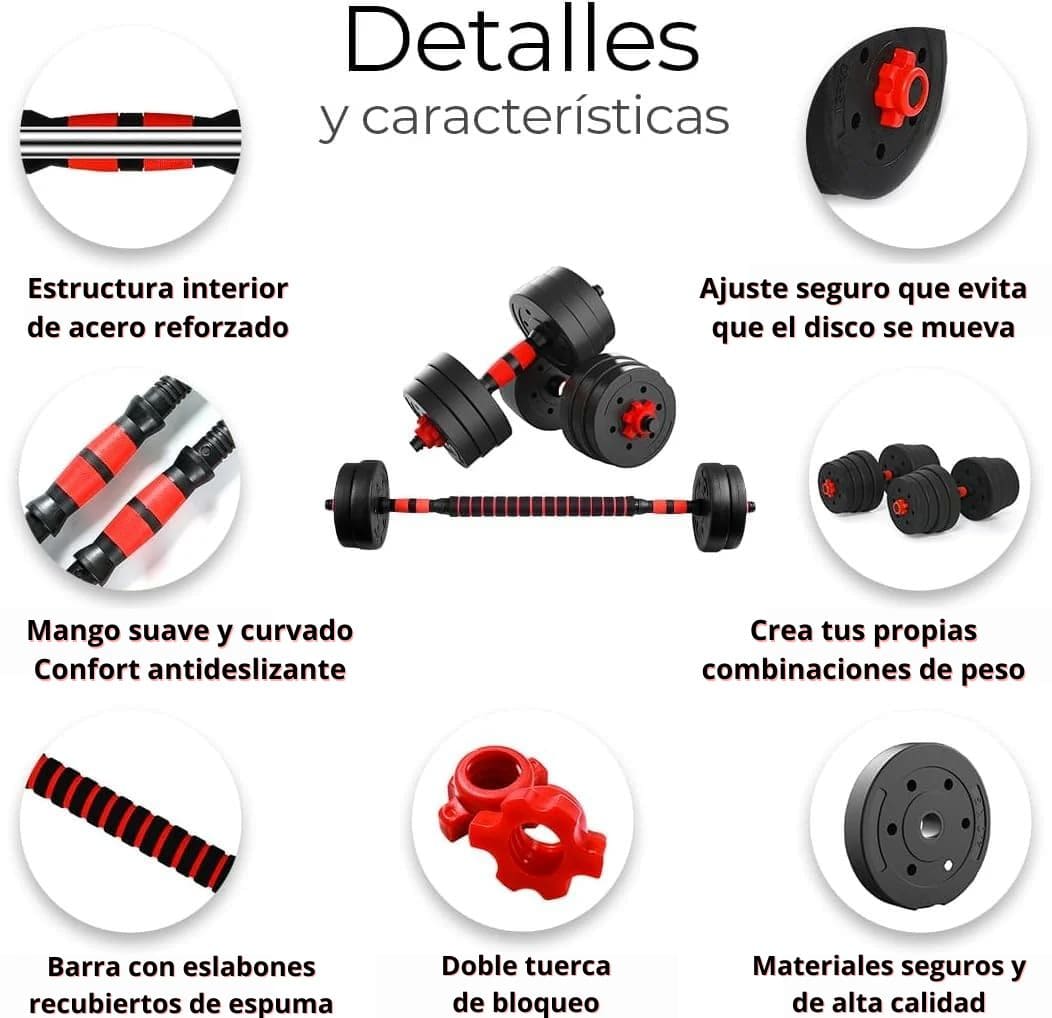 SET de Pesas Completo 44 LBS + Barra Acolchada GRATIS 🔥 KIT CON MÁS DE 20 PIEZAS