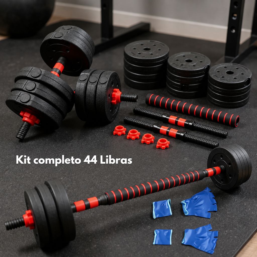 SET de Pesas Completo 44 LBS + Barra Acolchada GRATIS 🔥 KIT CON MÁS DE 20 PIEZAS